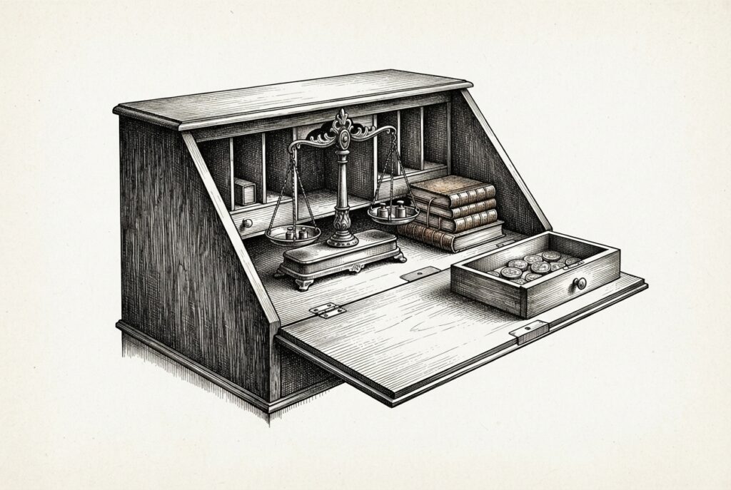 Ink engraving of a domestic writing bureau opened to reveal merchant's scales and ledger books - commerce machinery hidden inside a familiar household object