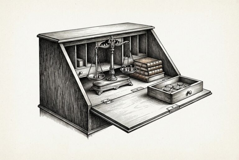 Ink engraving of a domestic writing bureau opened to reveal merchant's scales and ledger books - commerce machinery hidden inside a familiar household object