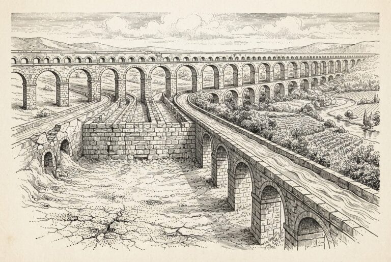 Hand-drawn ink engraving of a Roman stone aqueduct system spanning a valley. Four major source channels at the head are deliberately blocked with stone masonry. The terrain below the blocked channels is dry and cracked, while the remaining channels flow with water and support fertile land below.