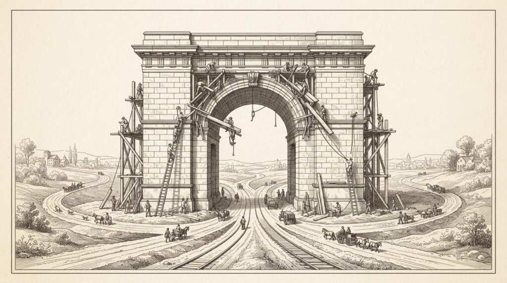 Ink illustration of workers removing wooden scaffolding from a grand stone archway, revealing the permanent masonry structure underneath, with multiple roads converging toward the gateway from below - depicting the moment temporary support is stripped away and the architectural commitment becomes fixed.