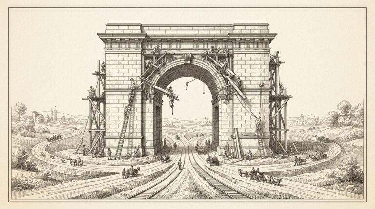 Ink illustration of workers removing wooden scaffolding from a grand stone archway, revealing the permanent masonry structure underneath, with multiple roads converging toward the gateway from below - depicting the moment temporary support is stripped away and the architectural commitment becomes fixed.