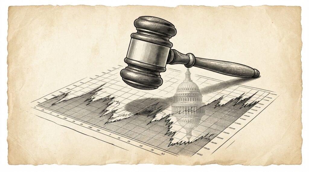 A courtroom gavel hovering above a stablecoin market chart with the Capitol dome reflected behind, rendered in monochrome pen-and-ink engraving style on warm paper.