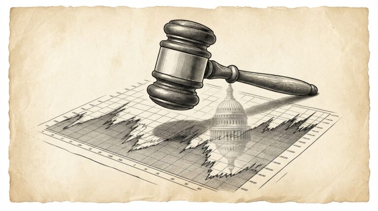 A courtroom gavel hovering above a stablecoin market chart with the Capitol dome reflected behind, rendered in monochrome pen-and-ink engraving style on warm paper.