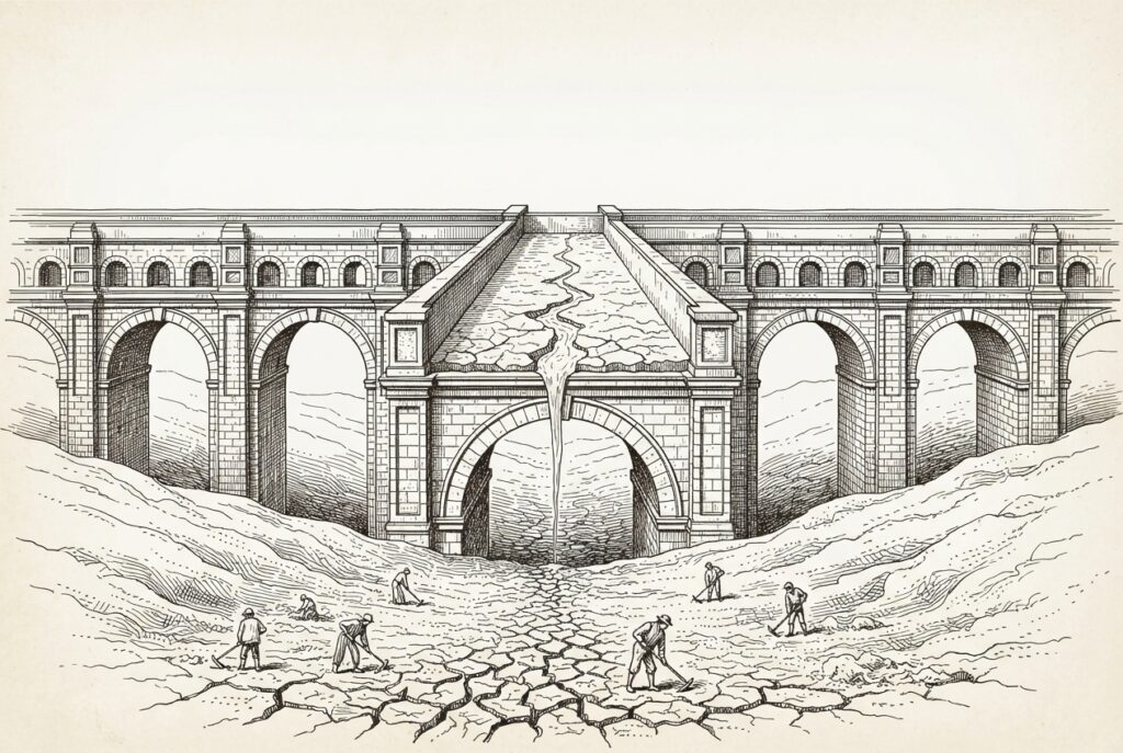 Monochrome editorial engraving of a grand ornamental aqueduct with an empty channel above a cracked, barren valley - the infrastructure of delivery, delivering almost nothing to the figures working below.