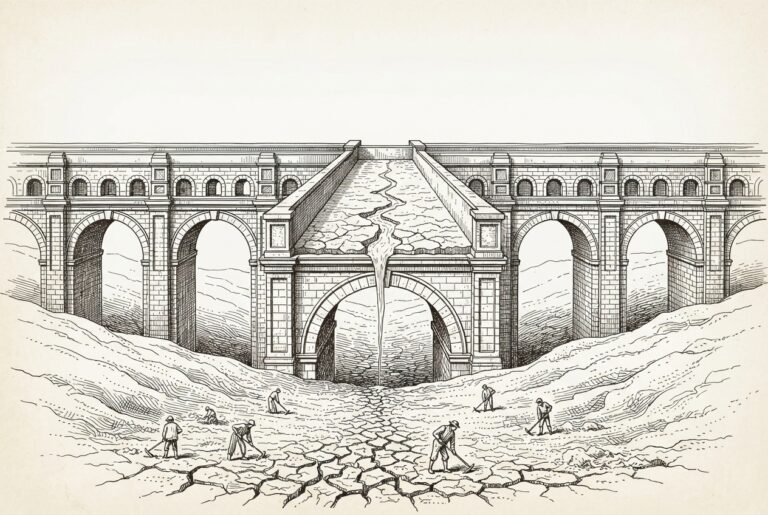 Monochrome editorial engraving of a grand ornamental aqueduct with an empty channel above a cracked, barren valley - the infrastructure of delivery, delivering almost nothing to the figures working below.
