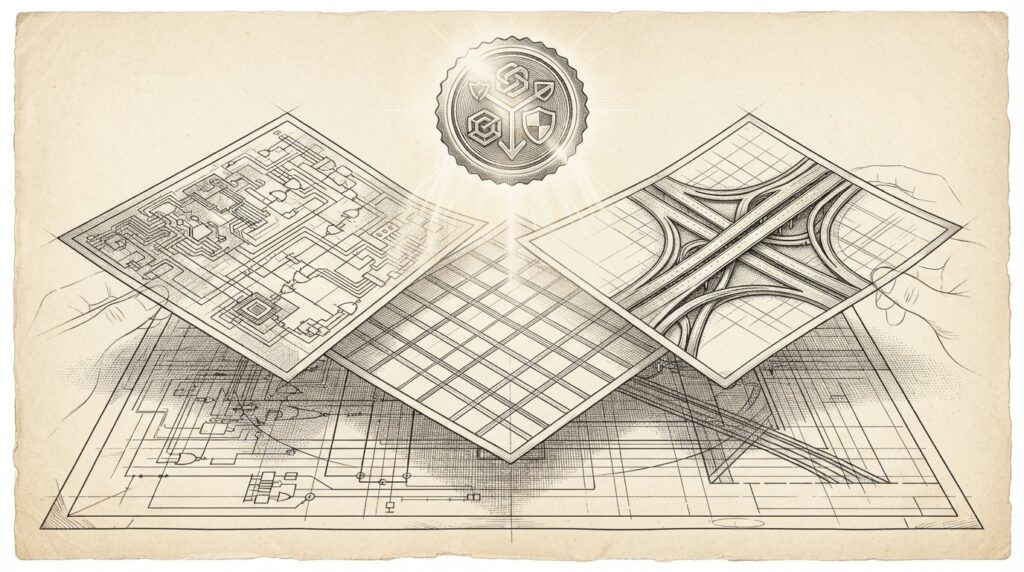 Monochrome pen-and-ink engraving of three distinct architectural blueprints converging into a single shared foundation, with a trust verification seal emerging above