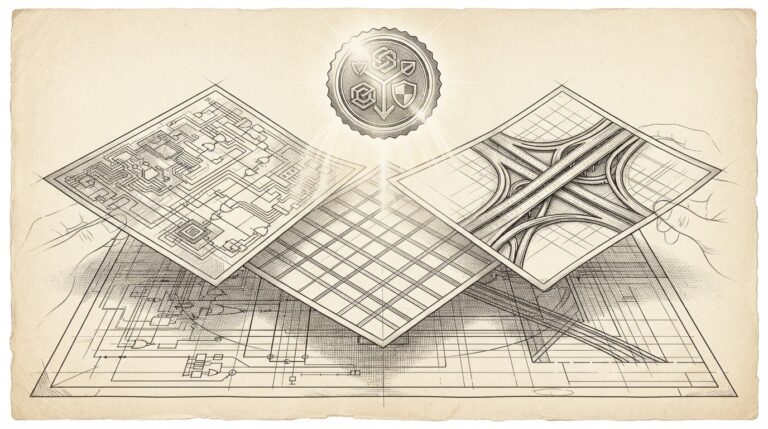 Monochrome pen-and-ink engraving of three distinct architectural blueprints converging into a single shared foundation, with a trust verification seal emerging above