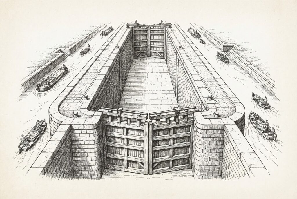 A vast stone canal lock chamber, purpose-built and precisely engineered but completely empty and dry, while narrow bypass channels on either side carry flowing water and small boats - rendered in monochrome pen-and-ink engraving style on warm paper.