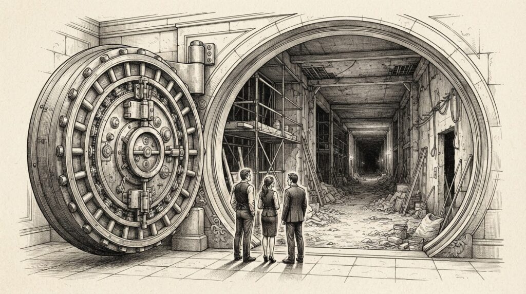 Monochrome editorial engraving of an ornate vault door standing open, revealing a vast unfinished corridor that fades into darkness - raw scaffolding, scattered tools, three suited figures at the threshold peering in but not entering.