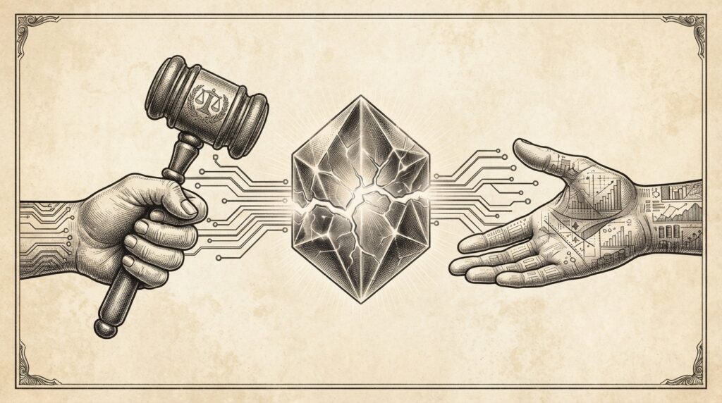 Monochrome editorial engraving depicting the policy divide between mandated testing and industry self-regulation for frontier AI models.