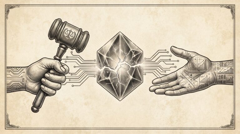 Monochrome editorial engraving depicting the policy divide between mandated testing and industry self-regulation for frontier AI models.