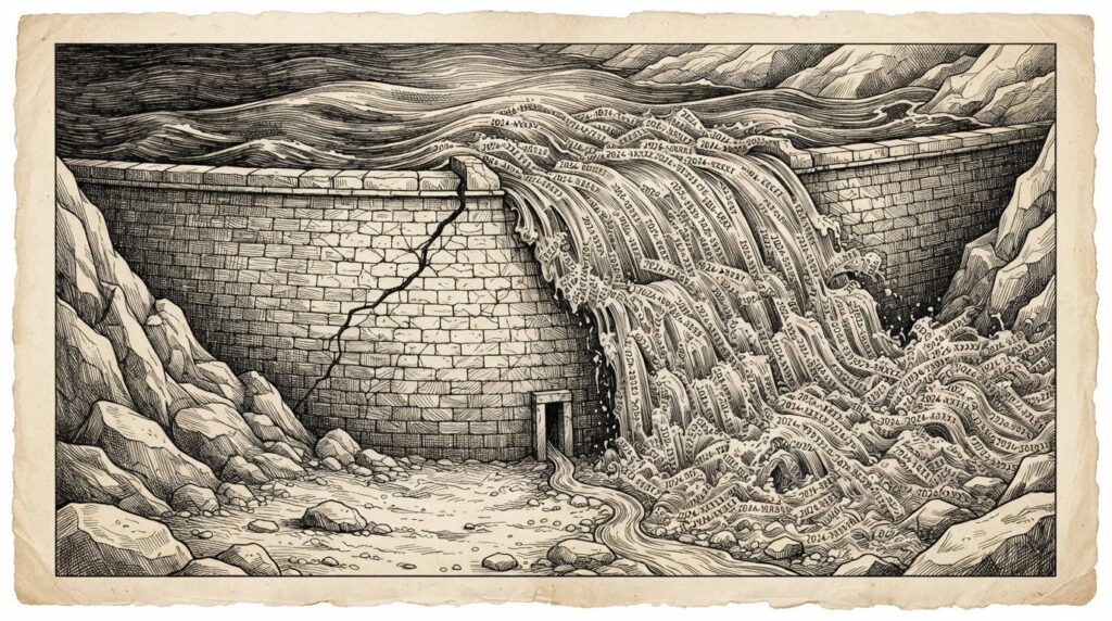 Hand-drawn ink engraving of a massive stone dam cracking under an overwhelming torrent of water. Behind the dam, the volume is immense. Downstream, only a narrow trickle passes through. The gap between torrent and trickle is the visual thesis.