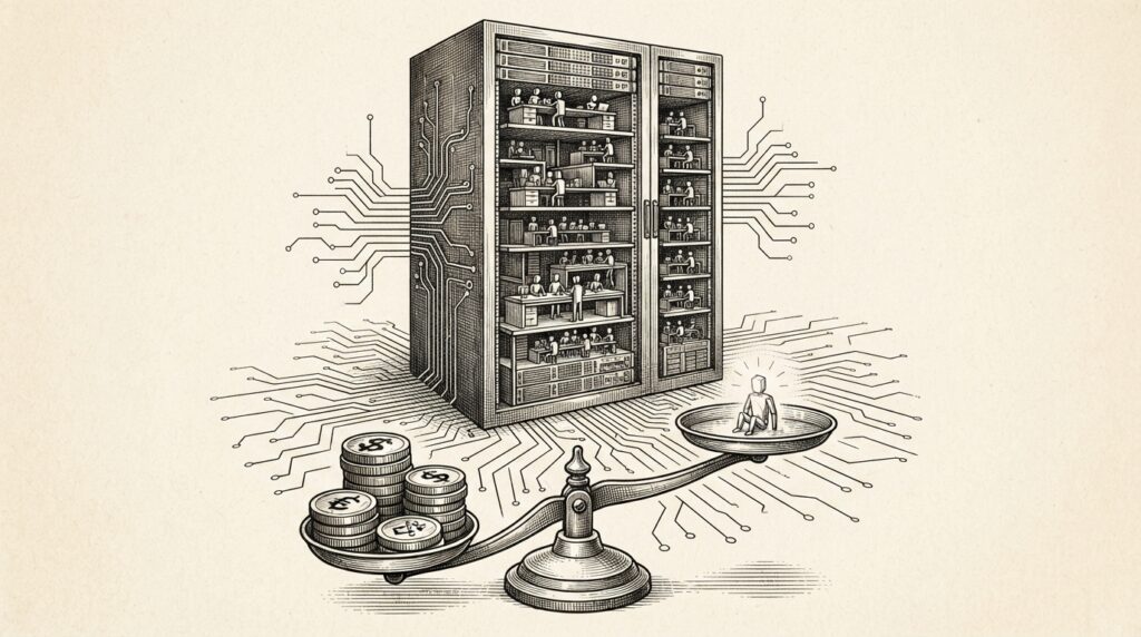 Monochrome editorial engraving of a massive server rack with autonomous agents and a balance scale tipping toward capital, representing the compute landlord thesis.