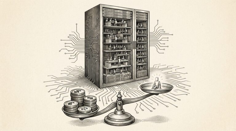 Monochrome editorial engraving of a massive server rack with autonomous agents and a balance scale tipping toward capital, representing the compute landlord thesis.