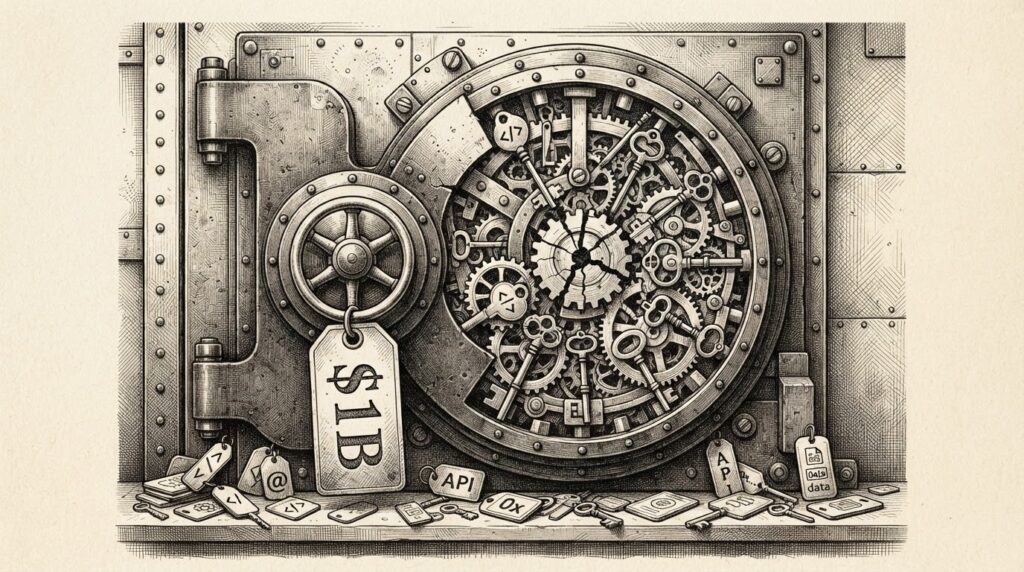 Hand-drawn ink engraving of a massive industrial vault lock stamped with a $1B price tag. The lock's cutaway interior reveals interlocking gears and skeleton keys representing non-human identity types. Some gears are cracked, symbolizing the governance gap. Scattered credential tokens and API keys surround the mechanism.