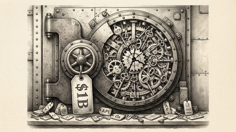 Hand-drawn ink engraving of a massive industrial vault lock stamped with a $1B price tag. The lock's cutaway interior reveals interlocking gears and skeleton keys representing non-human identity types. Some gears are cracked, symbolizing the governance gap. Scattered credential tokens and API keys surround the mechanism.