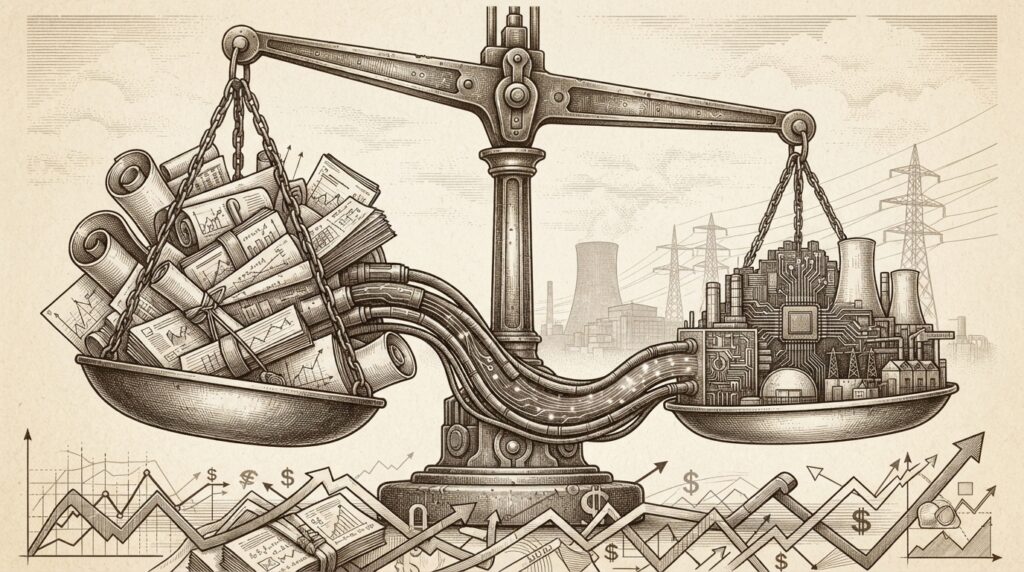 Monochrome editorial engraving depicting massive financial scales with circuit-board traces connecting chip vendor and data center structures, representing the compute landlord thesis.