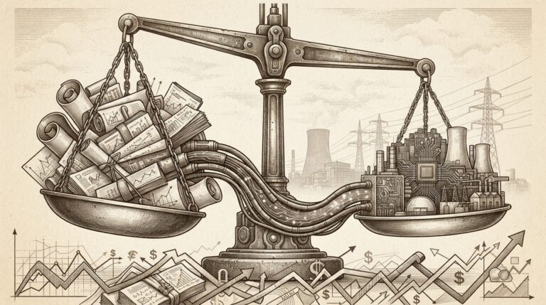 Monochrome editorial engraving depicting massive financial scales with circuit-board traces connecting chip vendor and data center structures, representing the compute landlord thesis.