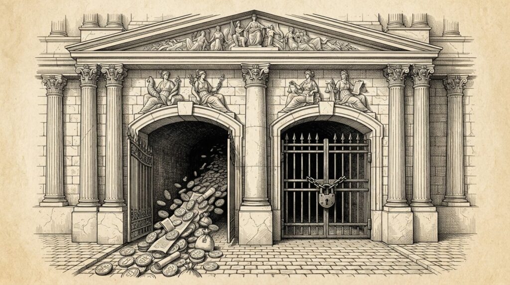 A stately neoclassical bank entrance with its heavy doors firmly barred by a chain and padlock, while a smaller side door marked with compliance checkmarks stands slightly ajar, rendered in monochrome pen-and-ink engraving on warm paper.