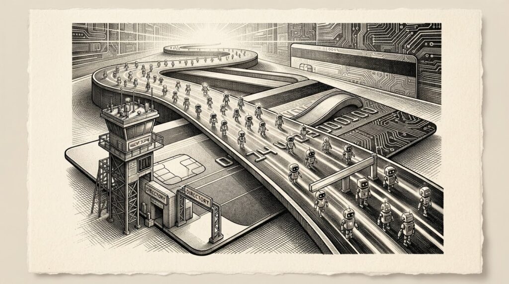 Monochrome pen-and-ink engraving of a payment card transforming into a highway where AI agent figures travel toward a glowing control tower, with circuit-board trust patterns dissolving from the card's magnetic stripe