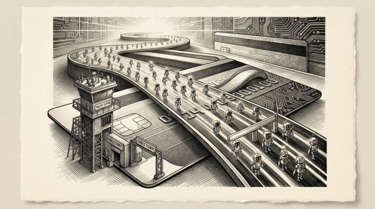 Monochrome pen-and-ink engraving of a payment card transforming into a highway where AI agent figures travel toward a glowing control tower, with circuit-board trust patterns dissolving from the card's magnetic stripe