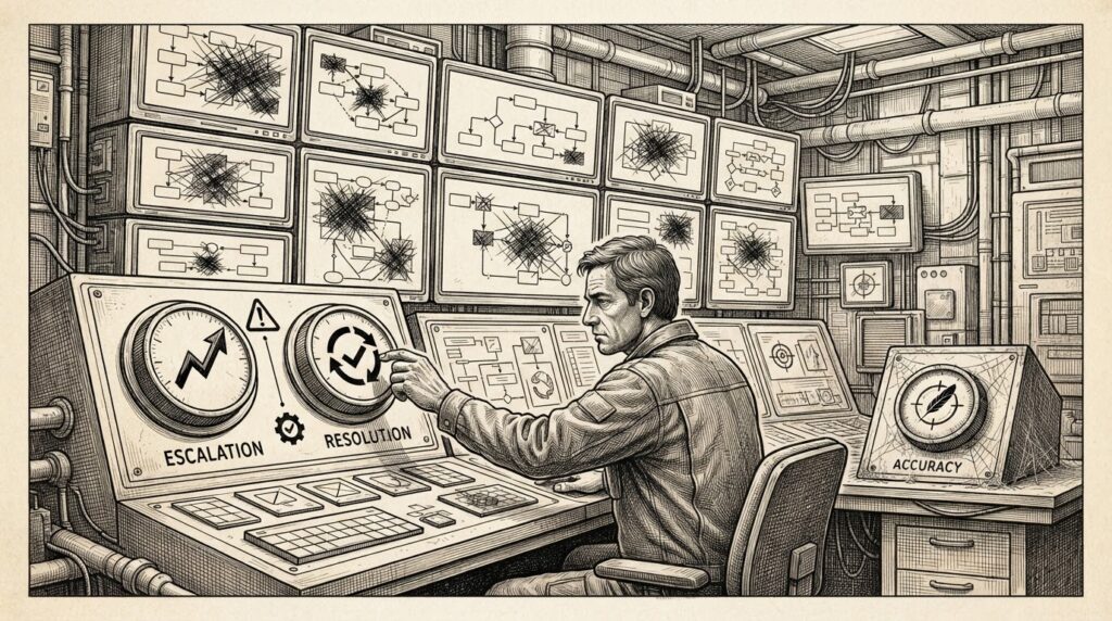 Monochrome editorial engraving of a control room operator adjusting infrastructure dials labeled 'Escalation' and 'Resolution' while the 'Accuracy' dial gathers dust - screens behind show failing workflow execution chains, not text hallucinations.