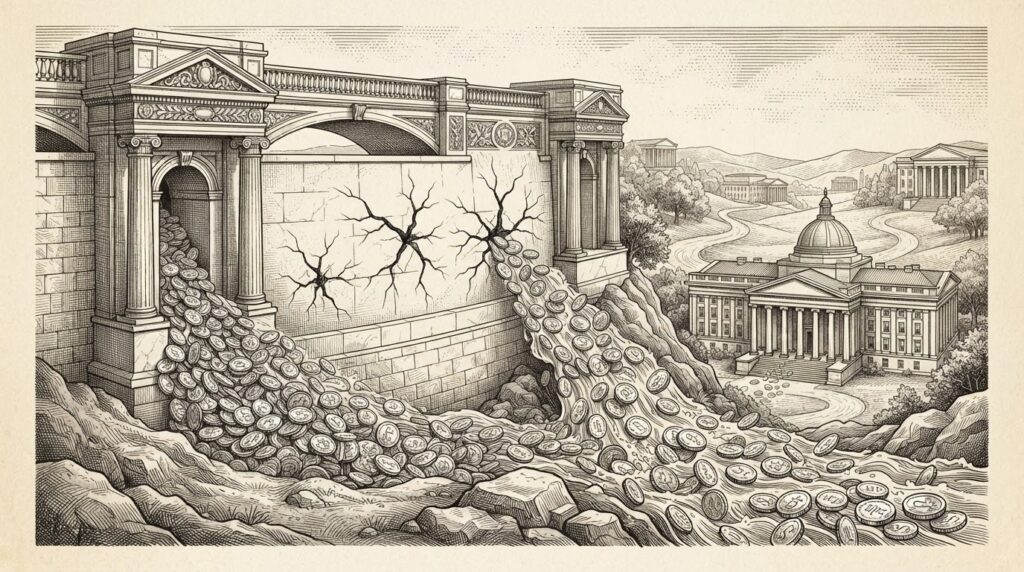 A massive marble dam holding back a river of gold coins flowing toward a classical government building with columns, the dam cracked at three points, rendered in monochrome pen-and-ink engraving style on warm paper.