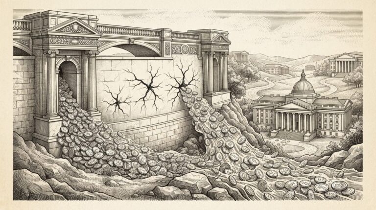 A massive marble dam holding back a river of gold coins flowing toward a classical government building with columns, the dam cracked at three points, rendered in monochrome pen-and-ink engraving style on warm paper.