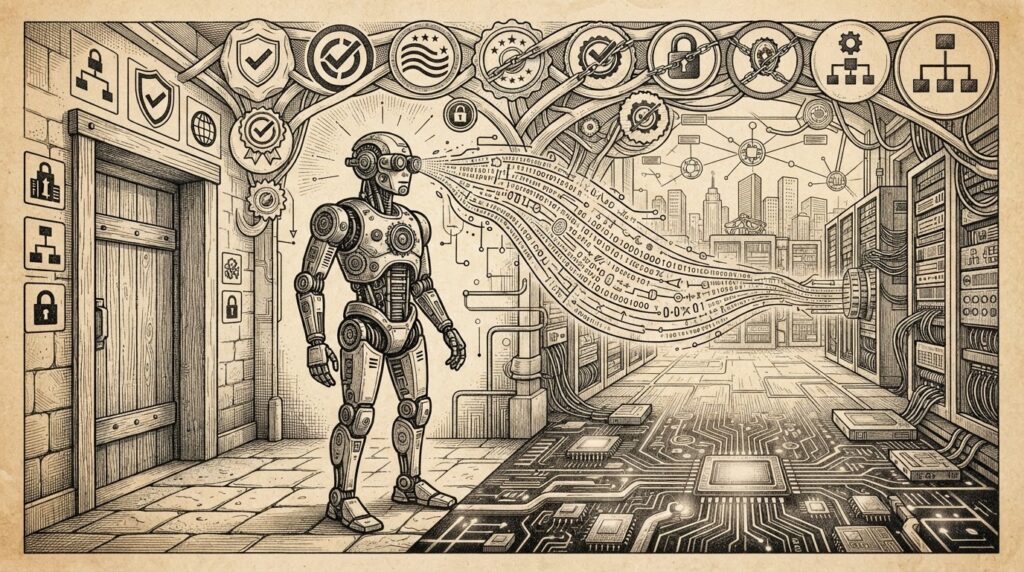 Monochrome editorial engraving depicting a humanoid robot with data streams flowing from its sensors toward a distant server, surrounded by regulatory framework symbols.
