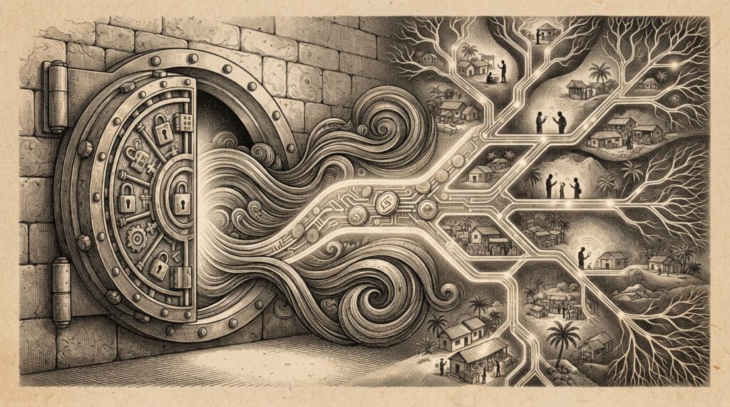 A regulated stablecoin vault door opening onto a mobile-first payment rail network, with existing USDT liquidity flows converging into the new USAT deployment and branching mobile payment corridors extending into developing regions, rendered in monochrome pen-and-ink engraving style on warm paper.