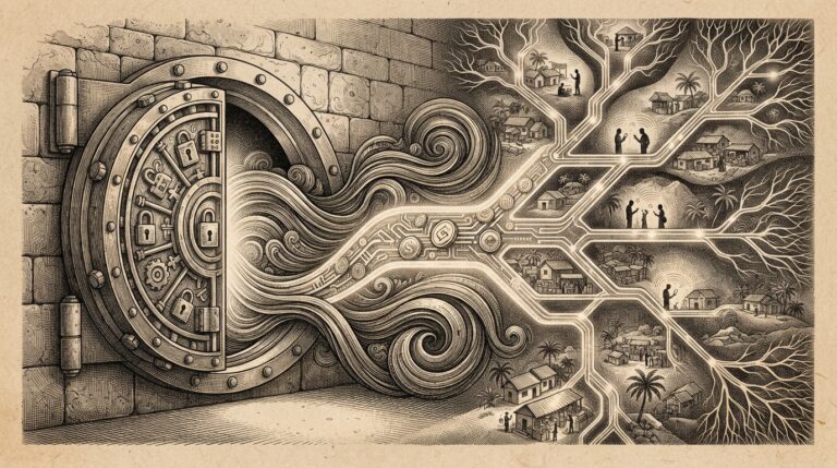 A regulated stablecoin vault door opening onto a mobile-first payment rail network, with existing USDT liquidity flows converging into the new USAT deployment and branching mobile payment corridors extending into developing regions, rendered in monochrome pen-and-ink engraving style on warm paper.