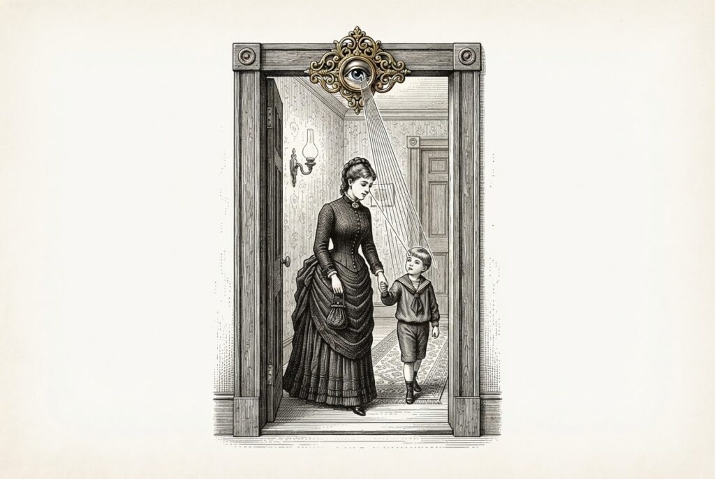 Ink engraving of a Victorian domestic doorway threshold with an ornate brass mechanism mounted on the doorframe featuring an eye-like lens, scanning figures as they cross the threshold - representing ambient biometric sensing in shared domestic space