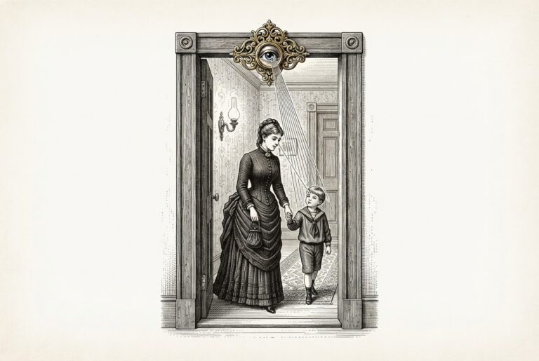 Ink engraving of a Victorian domestic doorway threshold with an ornate brass mechanism mounted on the doorframe featuring an eye-like lens, scanning figures as they cross the threshold - representing ambient biometric sensing in shared domestic space