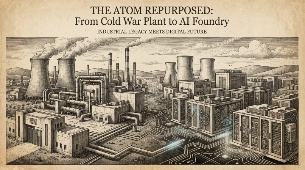 Monochrome editorial engraving of Cold War-era industrial cooling towers transforming into server racks and data center architecture, with circuit-board traces connecting old and new structures.