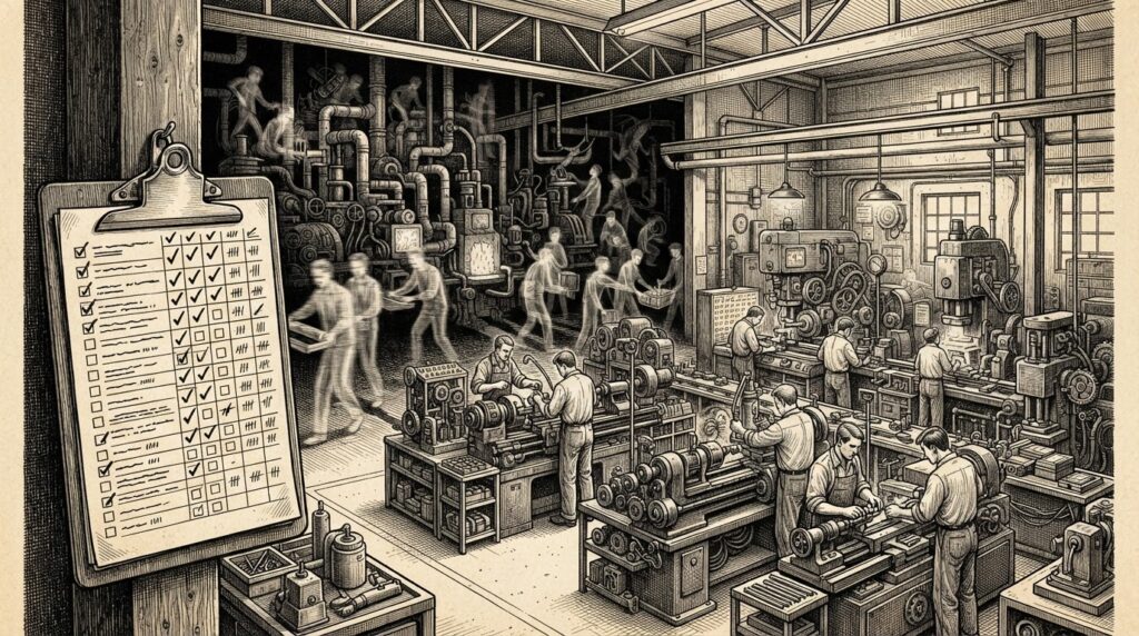 Sepia-toned pen-and-ink engraving of an industrial workshop. Visible workers operate machinery in organized rows in the foreground. Ghostlike translucent duplicate figures operate unauthorized equipment in the darker background shadows. A clipboard with an unchecked security checklist hangs in the foreground.