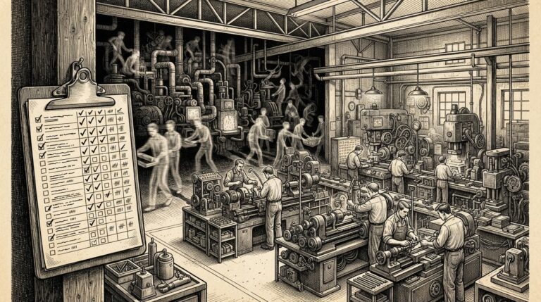 Sepia-toned pen-and-ink engraving of an industrial workshop. Visible workers operate machinery in organized rows in the foreground. Ghostlike translucent duplicate figures operate unauthorized equipment in the darker background shadows. A clipboard with an unchecked security checklist hangs in the foreground.