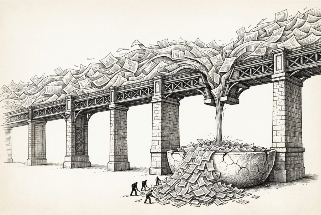 Hand-drawn ink engraving of a vast aqueduct system carrying a torrent of vulnerability reports. The aqueduct narrows at a bottleneck where flow compresses to a thin trickle. Below, a small cracked reservoir overflows with documents while overwhelmed figures attempt to organize the flood.