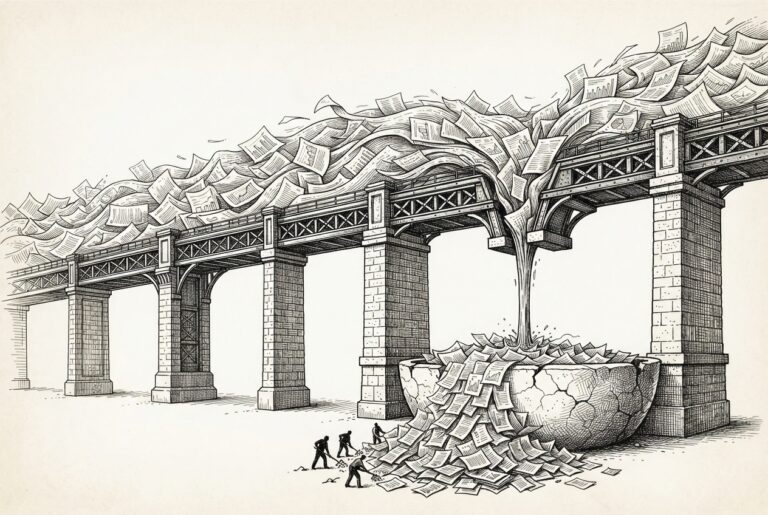 Hand-drawn ink engraving of a vast aqueduct system carrying a torrent of vulnerability reports. The aqueduct narrows at a bottleneck where flow compresses to a thin trickle. Below, a small cracked reservoir overflows with documents while overwhelmed figures attempt to organize the flood.