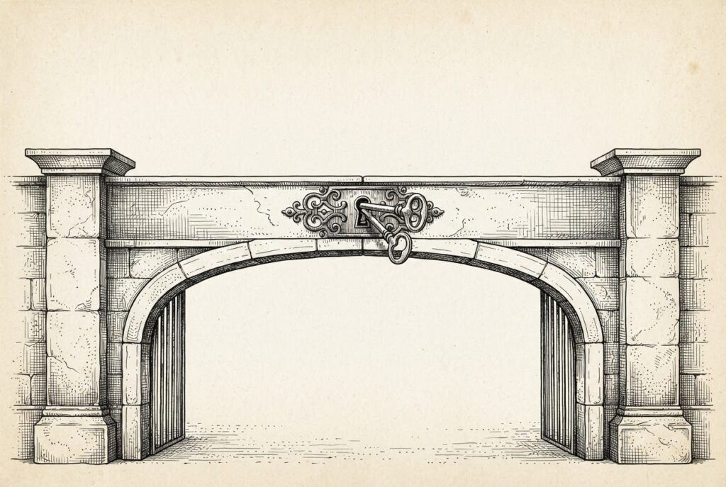 Ink illustration of two keys jammed in the same lock mounted on a wide-open stone gate - the passage beneath is clear and passable, but both keys block each other from turning. The fight is over the mechanism, not the access.