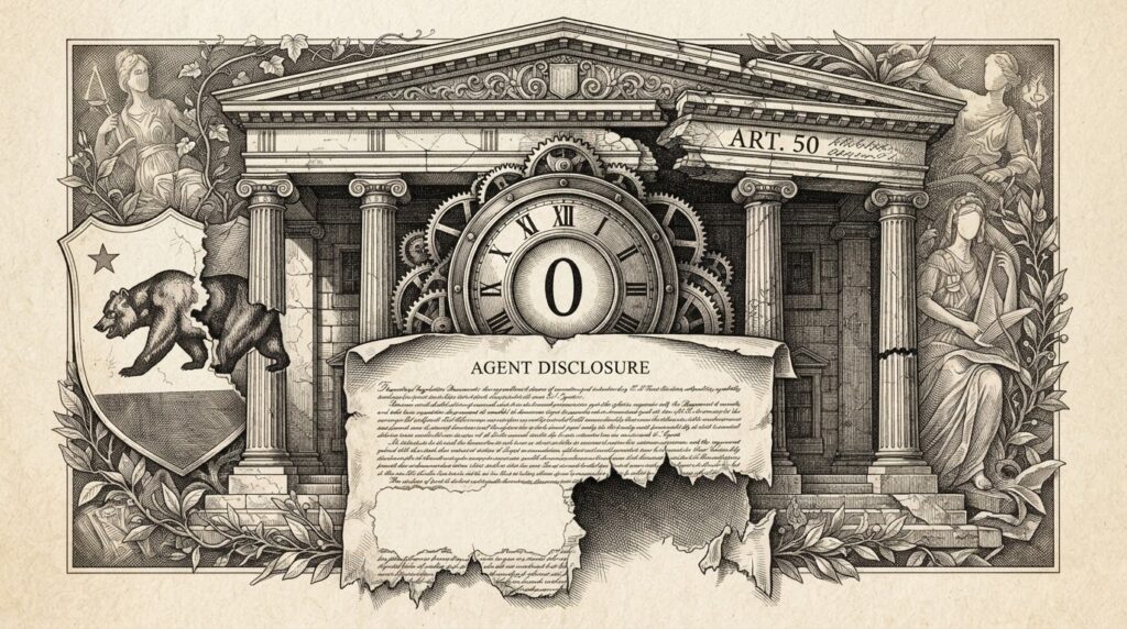 Editorial illustration showing EU Art. 50 enforcement day arriving with the agent disclosure provision missing from the compliance framework