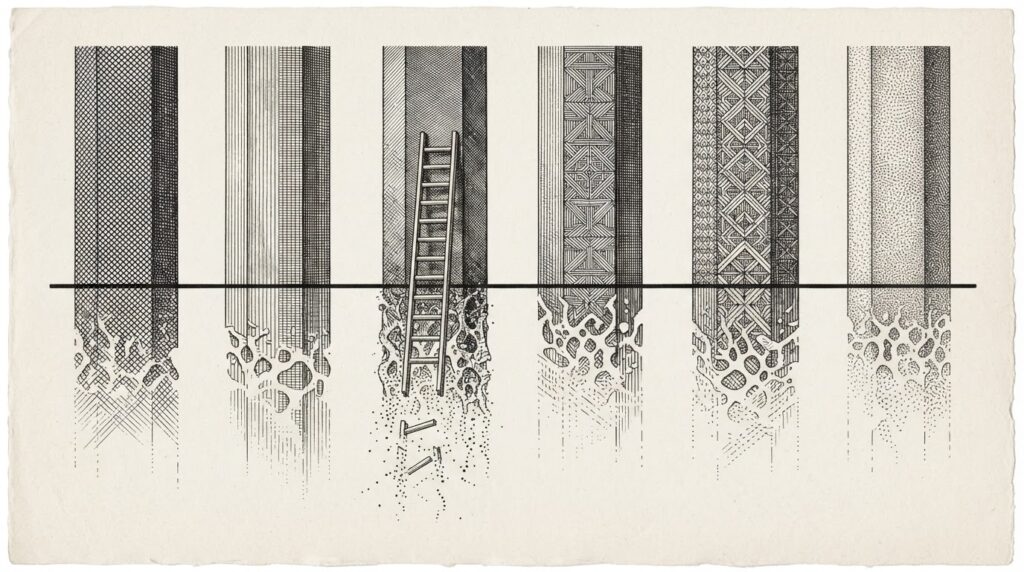Monochrome editorial engraving of six vertical columns representing BCG's workforce disruption segments, with a bold horizontal threshold line cutting across at the 40% mark. The Divergent segment column shows a ladder with missing rungs at the bottom - symbolizing entry-level talent pipeline hollowing.