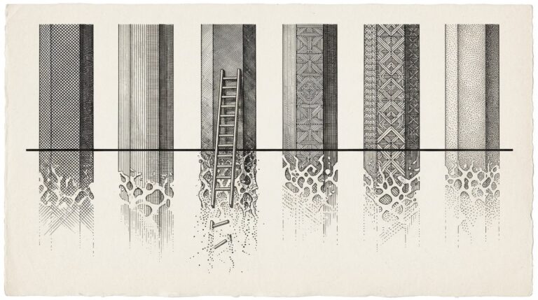 Monochrome editorial engraving of six vertical columns representing BCG's workforce disruption segments, with a bold horizontal threshold line cutting across at the 40% mark. The Divergent segment column shows a ladder with missing rungs at the bottom - symbolizing entry-level talent pipeline hollowing.