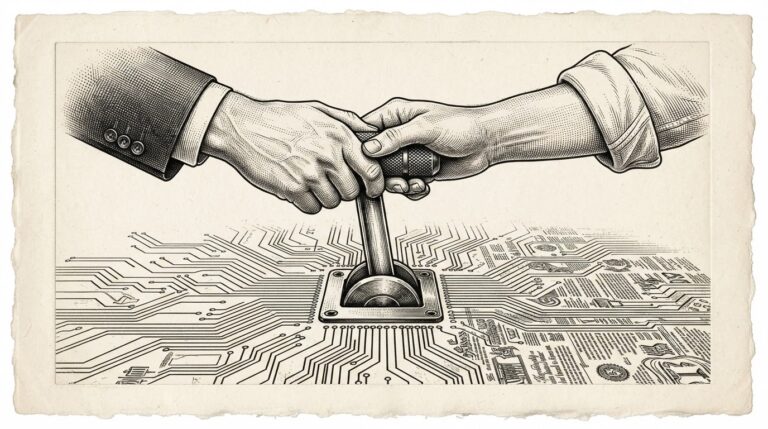 Monochrome editorial engraving of a mechanical kill switch mechanism entangled with circuit-board traces and legislative gavel motifs, representing the collision of AI capability and regulatory intervention.