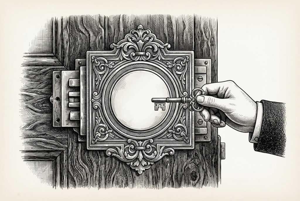 An ornate Victorian-era lock mounted on a wooden door, rendered as a pen-and-ink engraving. Where the keyhole should be, a smooth blank disc of polished metal - featureless, unbroken, no opening. A hand holds a skeleton key pointed at the blank surface, unable to enter. The lock protects the door perfectly, but that protection has made the lock itself unusable.