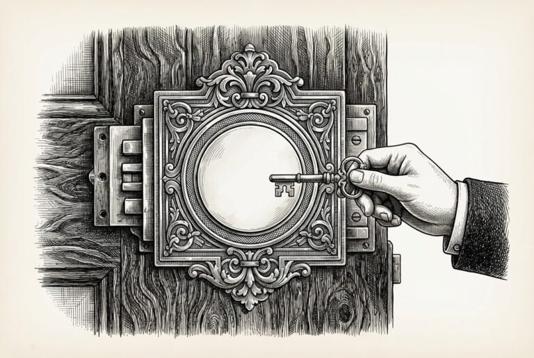 An ornate Victorian-era lock mounted on a wooden door, rendered as a pen-and-ink engraving. Where the keyhole should be, a smooth blank disc of polished metal - featureless, unbroken, no opening. A hand holds a skeleton key pointed at the blank surface, unable to enter. The lock protects the door perfectly, but that protection has made the lock itself unusable.