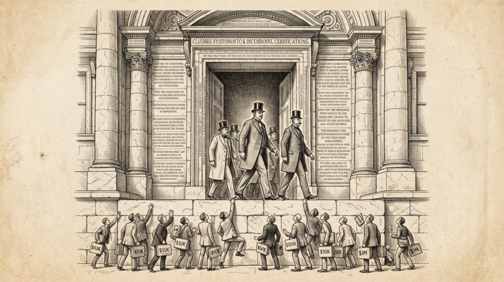 A heavy stone doorway carved with regulatory text, with only large figures able to pass through while smaller figures are blocked - representing the GENIUS Act's compliance cost barrier.