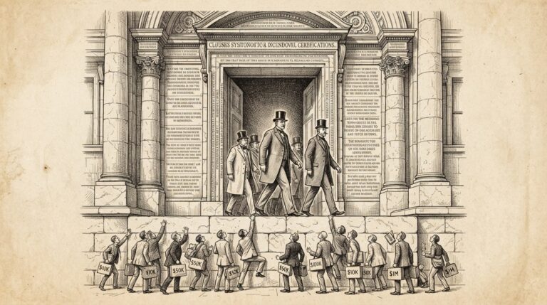 A heavy stone doorway carved with regulatory text, with only large figures able to pass through while smaller figures are blocked - representing the GENIUS Act's compliance cost barrier.