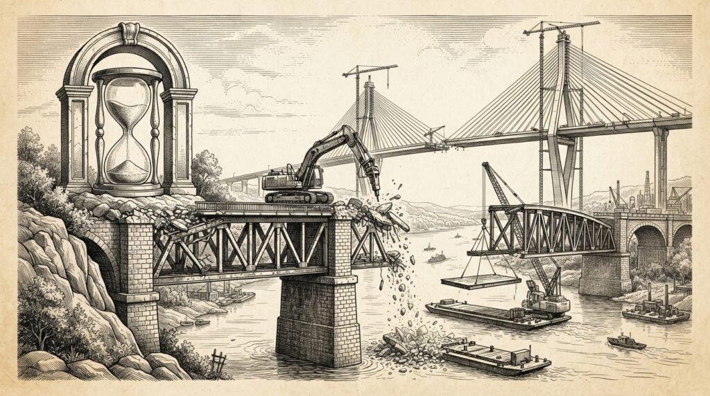 Ink illustration of a bridge being demolished with construction equipment, while a modern bridge is being built in the background, depicting forced infrastructure migration with an hourglass symbolizing time pressure.