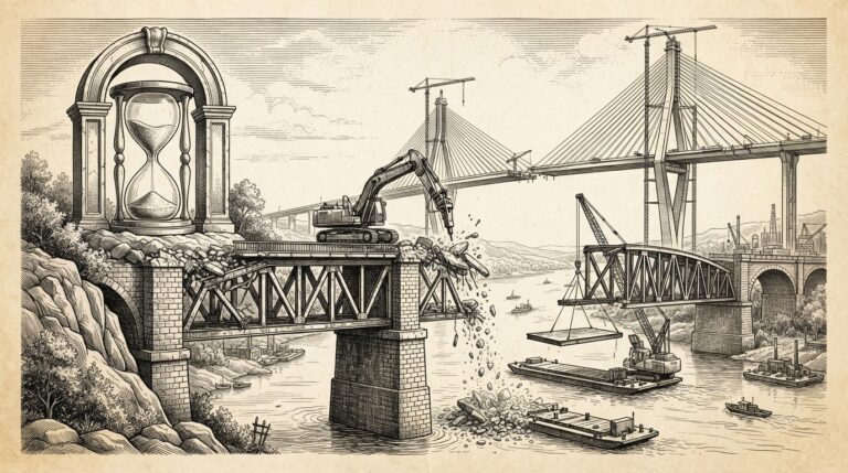 Ink illustration of a bridge being demolished with construction equipment, while a modern bridge is being built in the background, depicting forced infrastructure migration with an hourglass symbolizing time pressure.