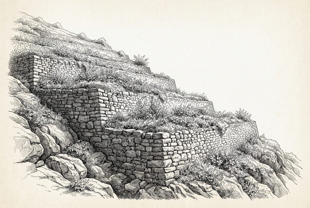 A steep terraced hillside in monochrome pen-and-ink engraving, each terrace supported by ancient stone retaining walls built directly into the bedrock - containment infrastructure carved from the landscape itself, not added as barriers, with vegetation growing freely on every level.